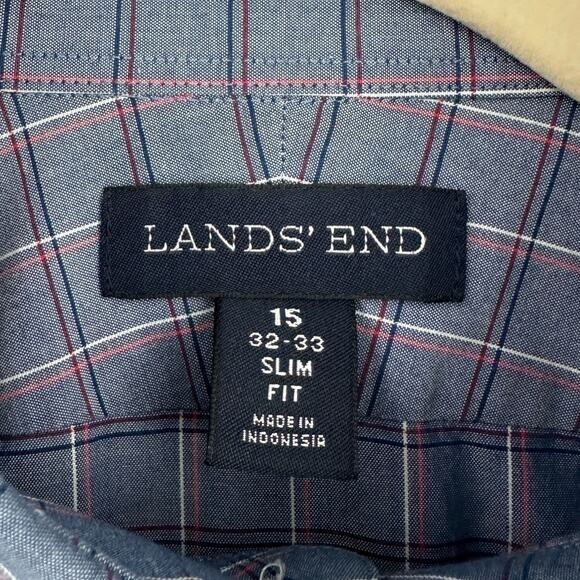 Lands End Blue Plaid Long Sleeve Button Up Collared Shirt Slim Fit Size 15 32/33 - Picture 3 of 7